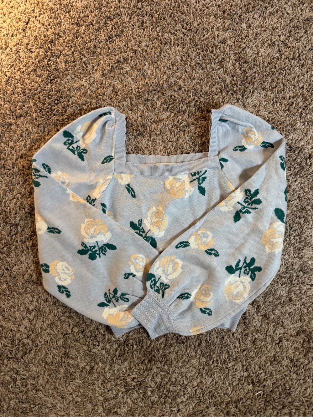 Light Blue Floral Rose Knit Sweater Top